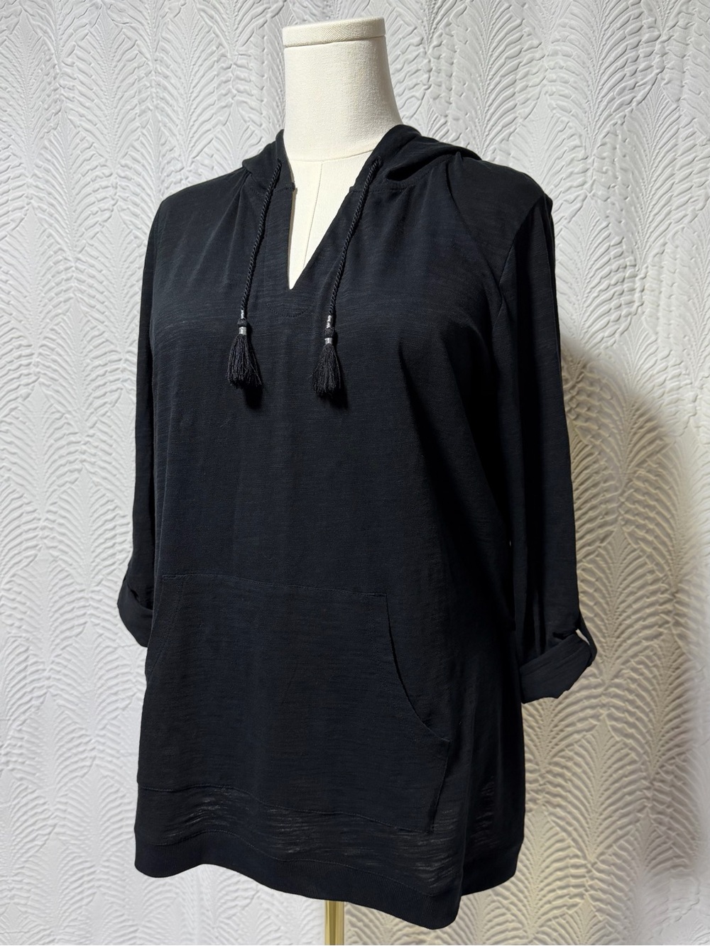 J. Jill Black Hooded Tunic Top with Tassel Drawstrings (Size LP)